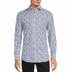 Cheapest ???? Murano White/Navy Floral Printed Slim-Fit Spread Collar Poplin ???? Dress ???? Shirt Blue ❤️